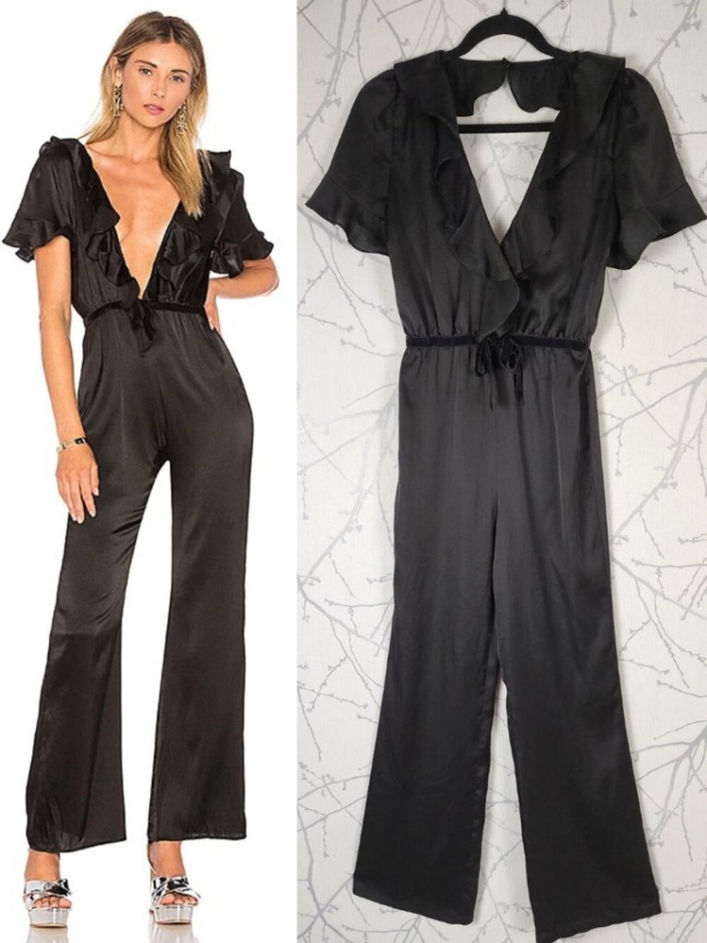 For Love & Lemons Black Satin Ruffle Plunging V-Neck Bette Jumpsuit
